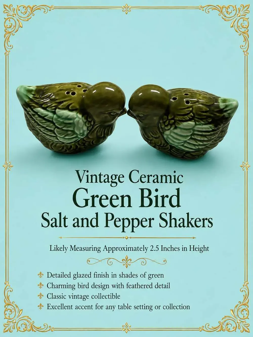 Vintage Ceramic Green Bird Salt and Pepper Shakers